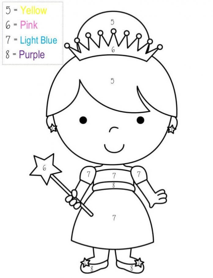 värityskirja numeroittain pikku prinsessasta mekko päällä