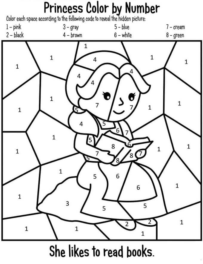 Coloring page color by numbers fairy tale character read book