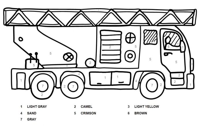 feuille de coloriage selon la légende échelle de camion de pompier