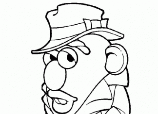 Coloring page potato character with hat and coat