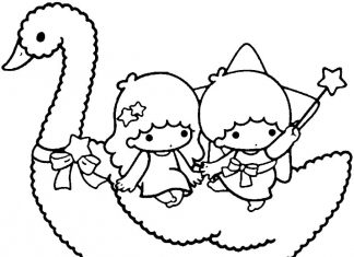 coloring page of characters on a swan