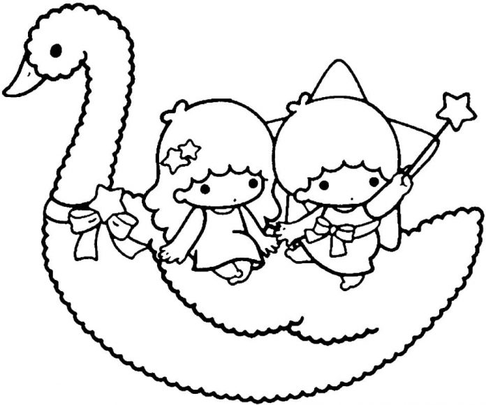 coloring page of characters on a swan