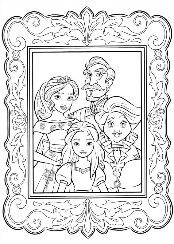 page à colorier de la famille d'Elena d'Avalor dans un cadre