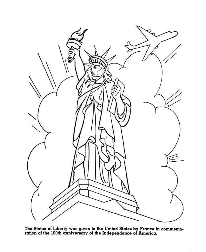 A coloring book of a plane flying over a monument