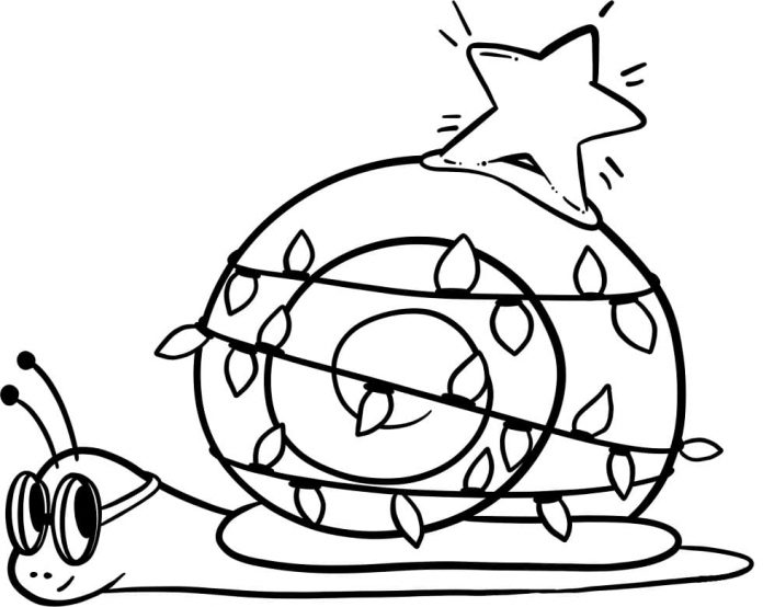 Printable coloring book of a snail wrapped in Christmas lights