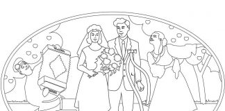 färgsida av brudens och brudgummens promenad