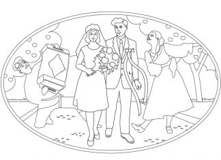 színező oldal a menyasszony és a vőlegény sétájáról
