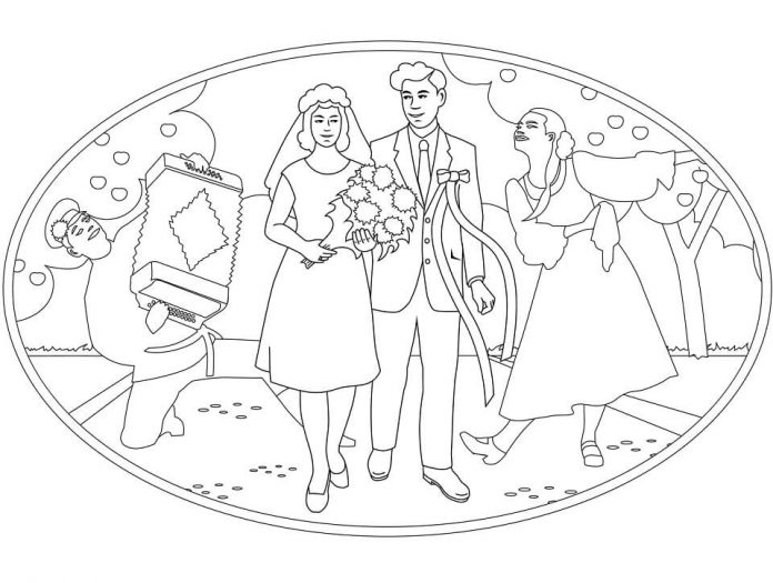 színező oldal a menyasszony és a vőlegény sétájáról