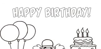 Printable coloring book of an elderly man holding a cake and balloons