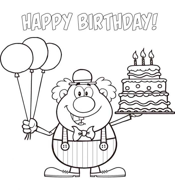 Druckfähiges Malbuch eines älteren Mannes, der einen Kuchen und Luftballons hält