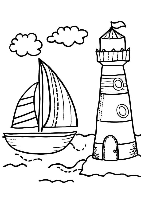 Coloring book of a ship sailing to a lighthouse