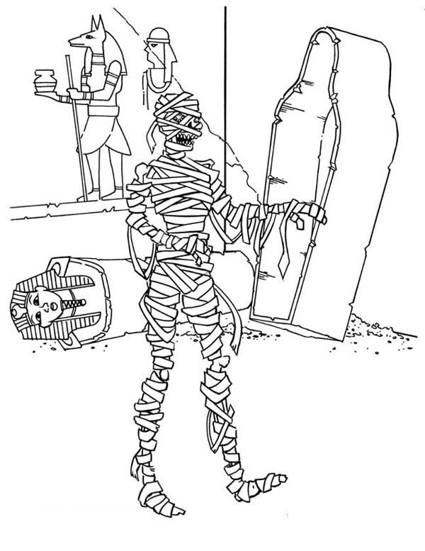 Coloring book scary mummy emerged from tomb