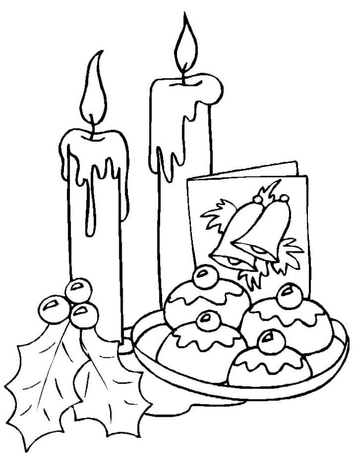 coloring page candles with Christmas card and ornaments