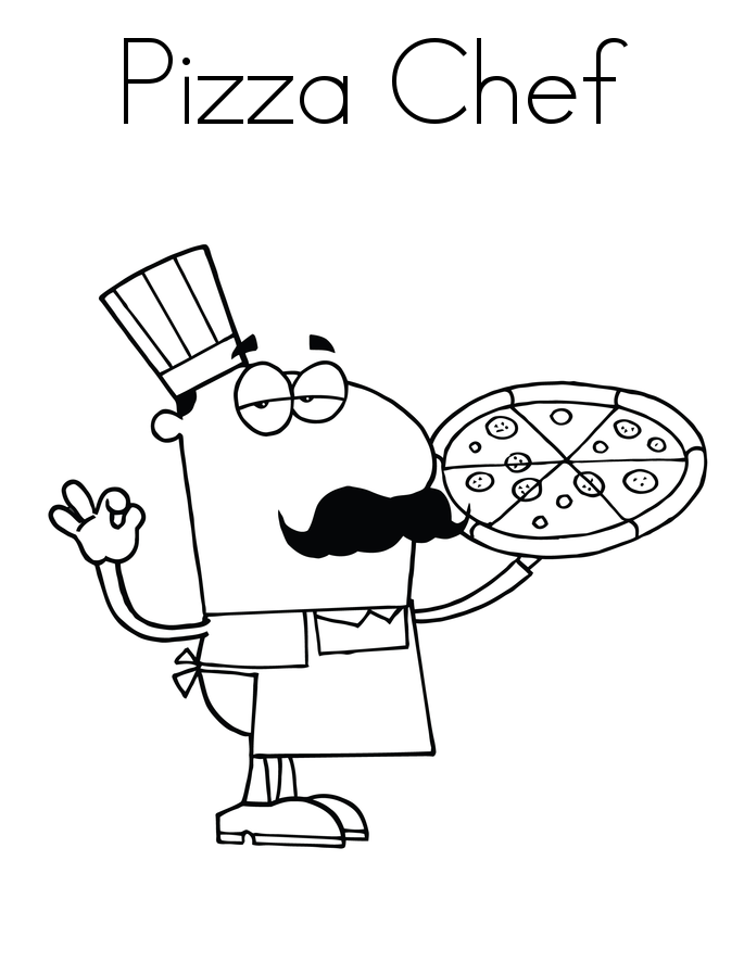 Nyomtatható kifestőkönyv egy bajuszos pizzázó főnökről