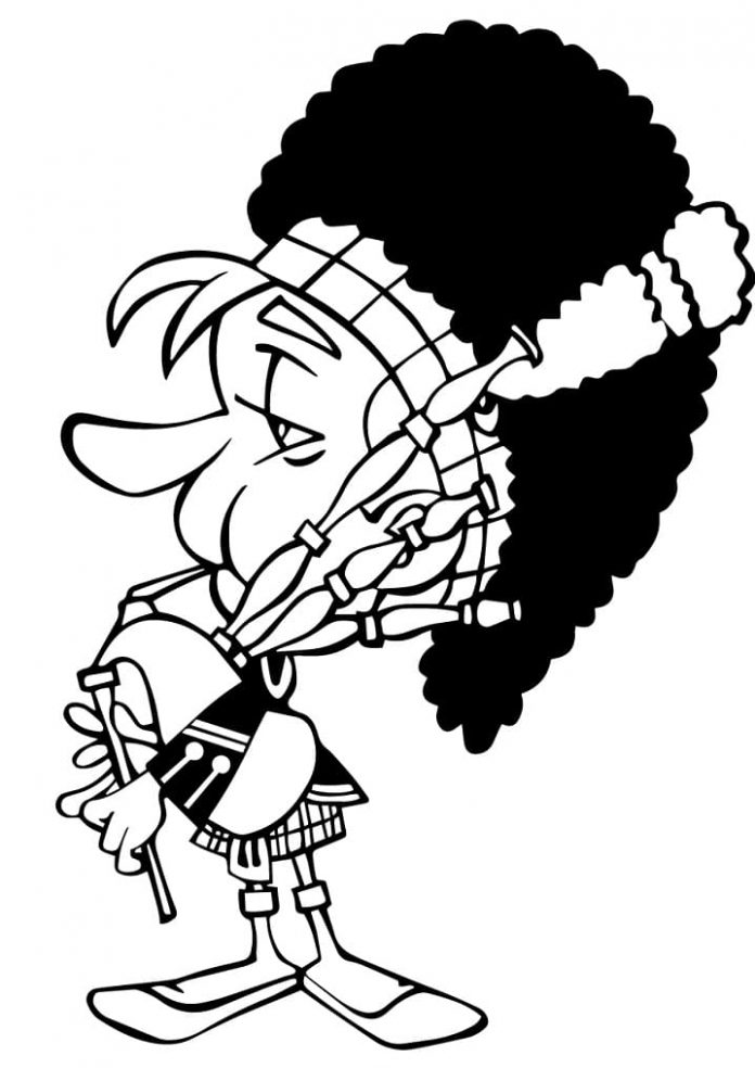 Livre à colorier imprimable représentant un soldat écossais avec une cornemuse