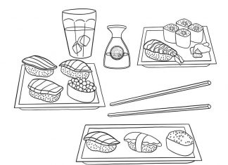 värityskirja lautasista, joissa on mielenkiintoisia ruokia