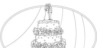 farvelægning side bryllupskage på bruden og brudgommens bryllupsreception