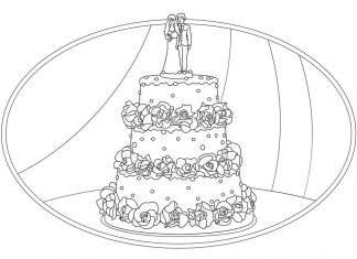 A coloring page of the wedding cake at the bride and groom's wedding reception
