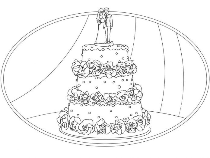 A coloring page of the wedding cake at the bride and groom's wedding reception