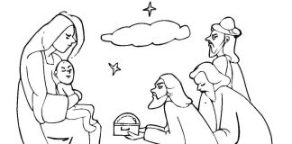 Coloring book Three Kings give gifts to Jesus