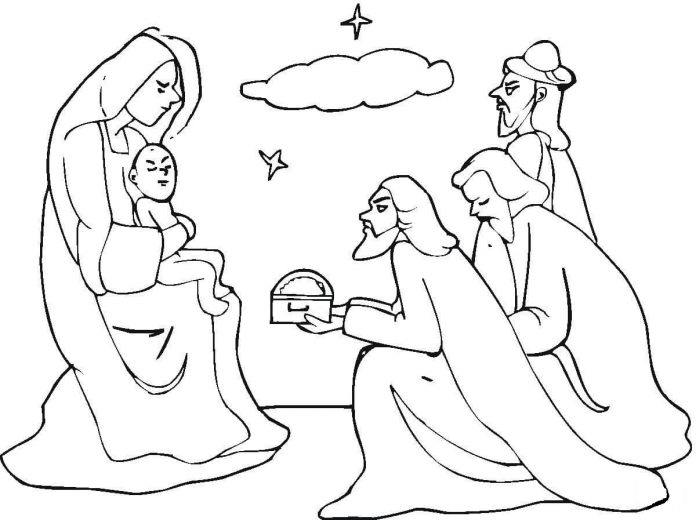 coloriage : les trois Rois donnent des cadeaux à Jésus