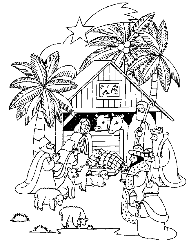 キリスト降誕祭のシーンに近い3人の王の印刷用着色ページ