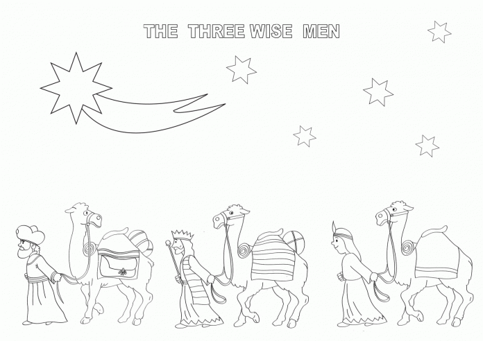 Coloring page of the three Kings leading the camels