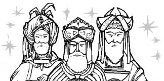 Három királyok színező oldal nyomtatható ajándékokkal a gyermekek számára