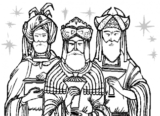 Página para colorear de los Reyes Magos con regalos imprimibles para niños