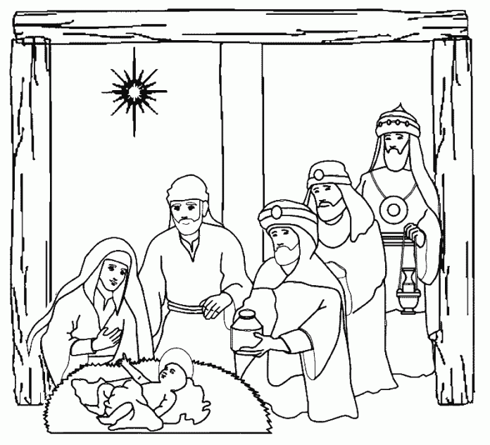 Printable coloring book of the three kings in the nativity scene
