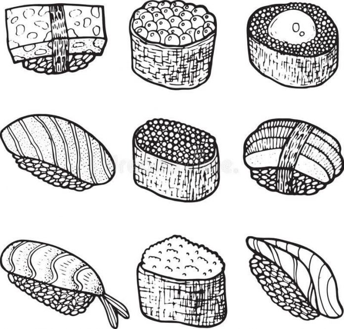 coloring page decorated sushi