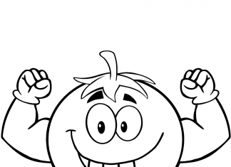 Printable coloring book muscular tomato for kids