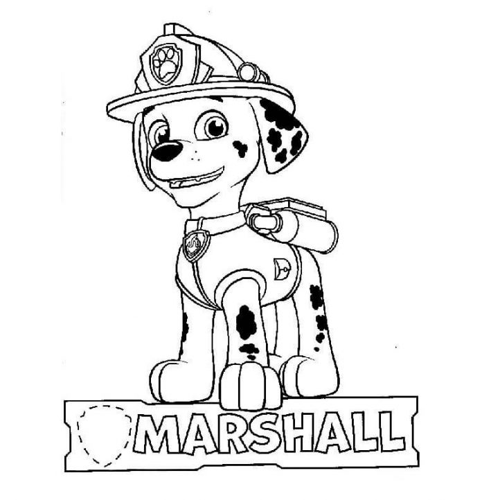 Coloring page of smiling Marshall from the Paw Patrol cartoon