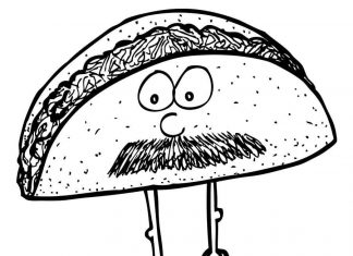 coloring page of mustachioed taco wearing shoes