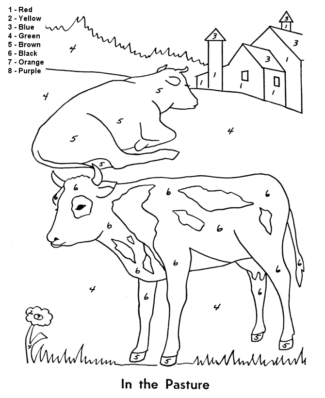 kolorowanka według instrukcji krowy na wybiegu