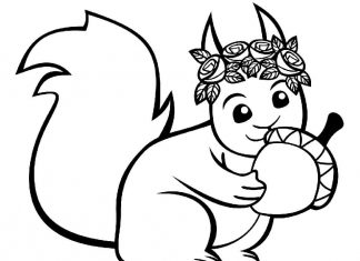 coloring page of a happy squirrel with food