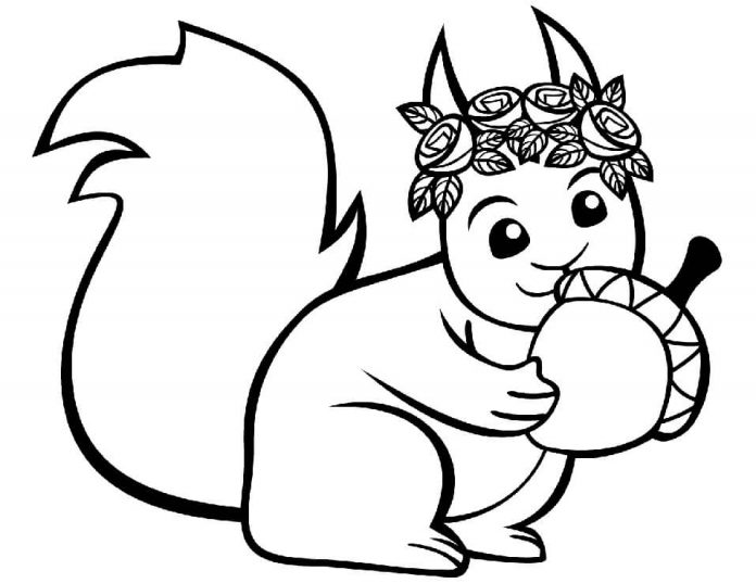 coloring page of a happy squirrel with food