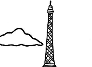 hoja para colorear de una torre en el fondo de la ciudad de París