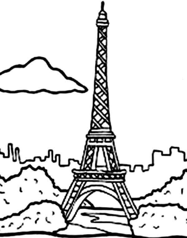 coloring page of the tower in the background of the city of Paris