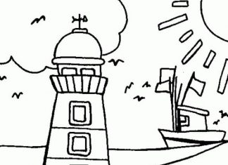 Printable water creature coloring book around a lighthouse at sea