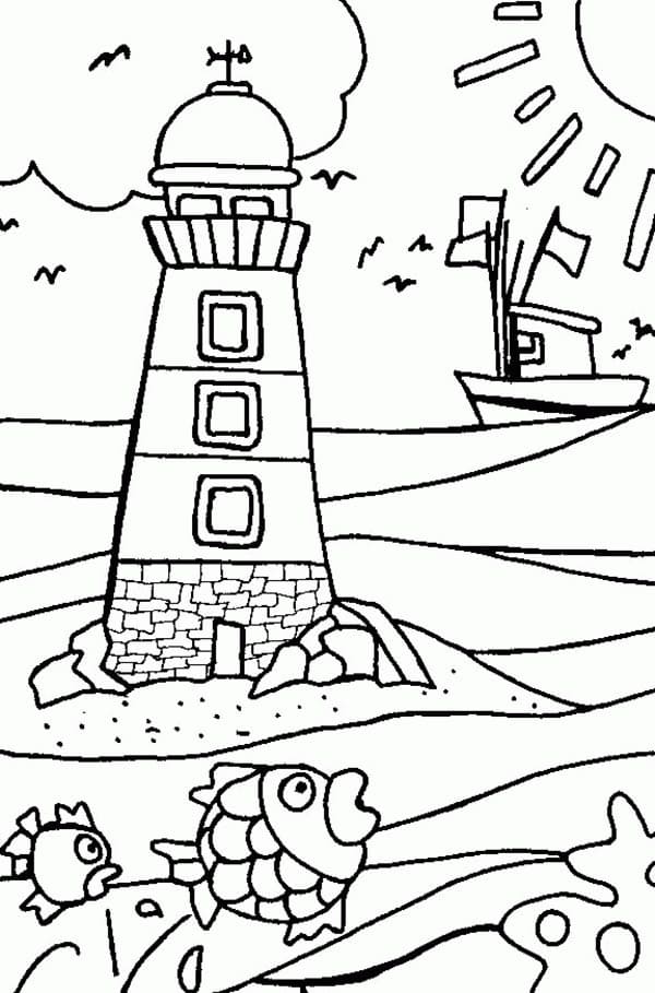 海上の灯台の周りにいる水の生き物たちの印刷用ぬりえシート
