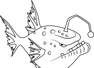 Printable coloring book of angry fish from the depths of the ocean with a skylight on its head