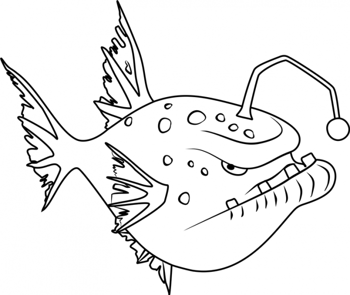 Printable coloring book of angry fish from the depths of the ocean with a skylight on its head