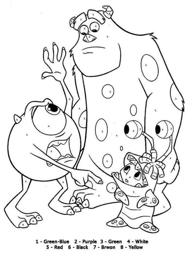 pagina da colorare con le figure dei personaggi del cartone animato Monsters and Co.