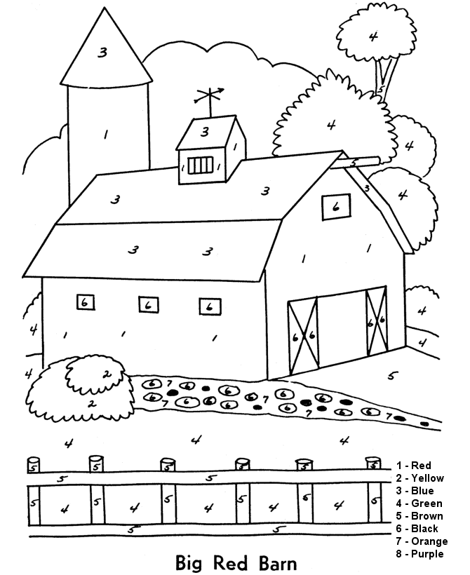 kolorowanka z cyframi stodołą na wsi