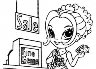 värityssivu, jossa tyttö on myynninedistämistarkoituksessa kaupassa