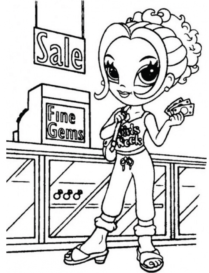 página de colorir com uma garota em uma promoção em uma loja