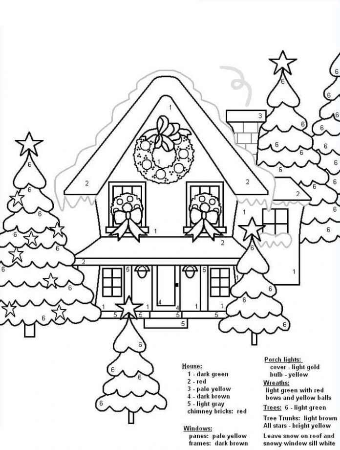 foglio da colorare con istruzioni per una casa decorata con addobbi natalizi