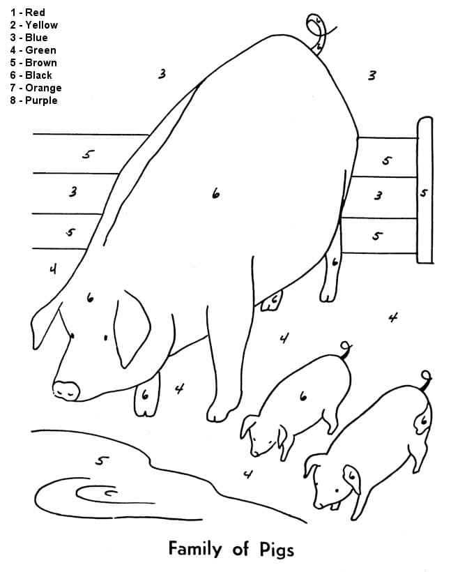 Färgblad med instruktioner grisfamiljen dricker vatten