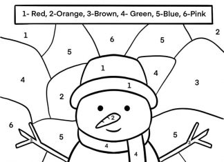 folha de coloração com instruções para um boneco de neve vestido